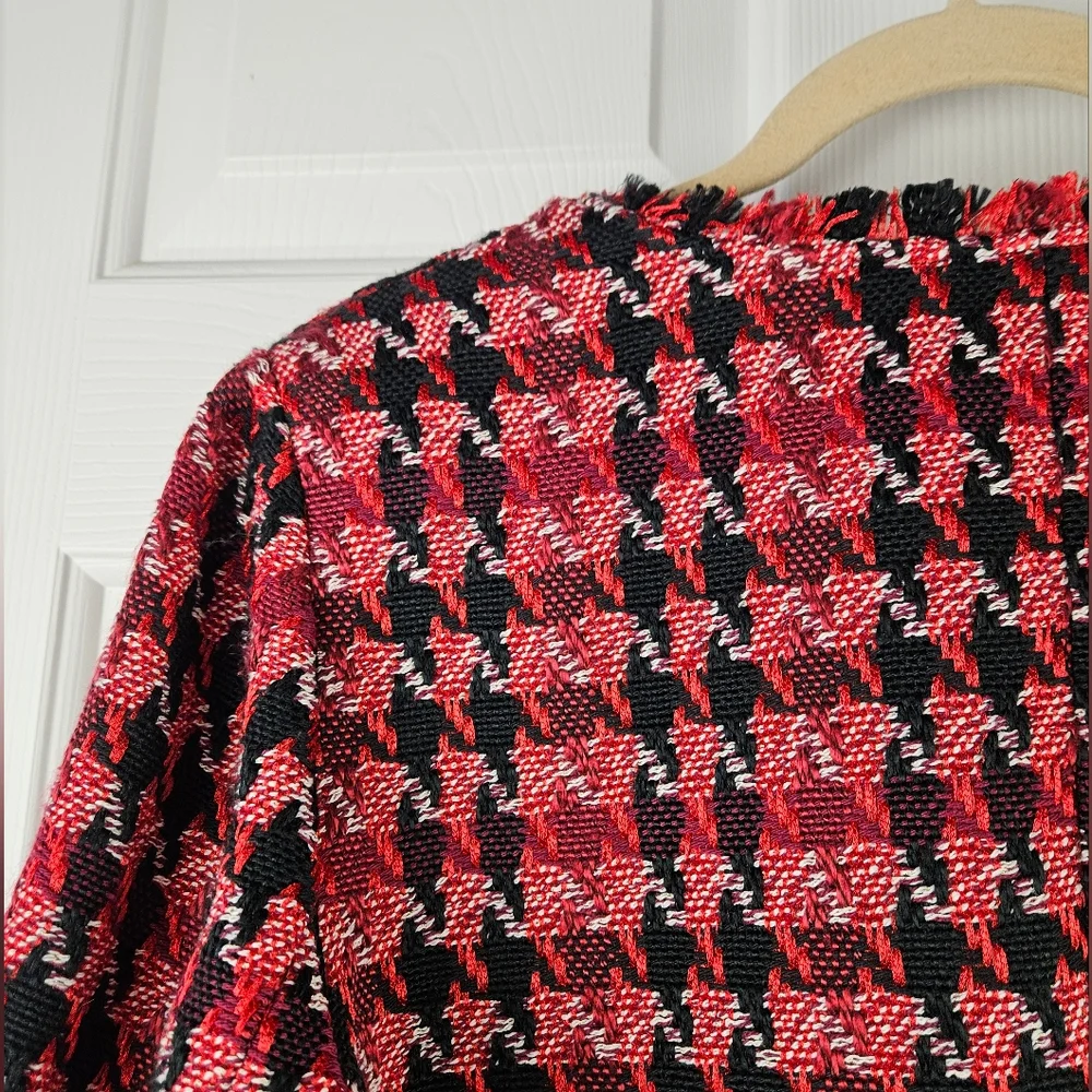 NWT Chico’s Red & Black Houndstooth Tweed Blazer Jacket Size Petite Size 12